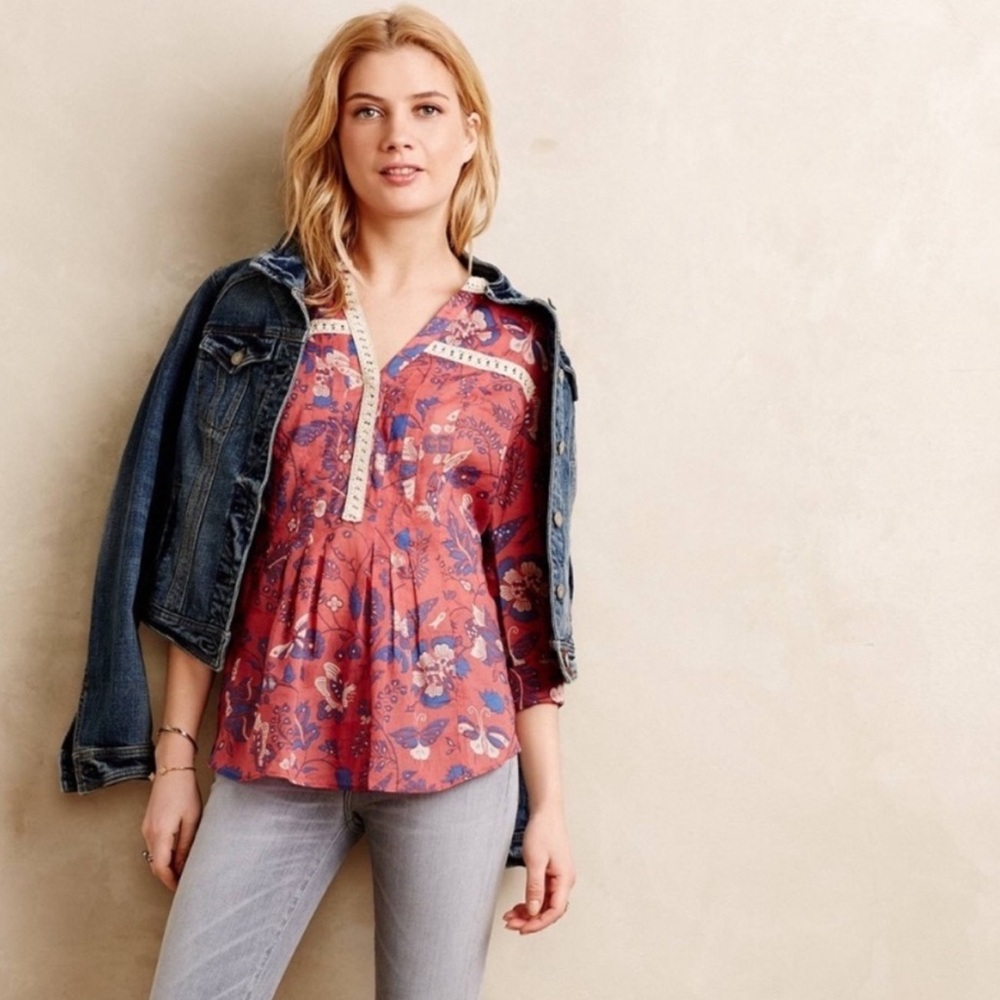 Maeve by Anthropologie Abella Butterfly Floral Crochet Trim Blouse Red Blue Sz 6